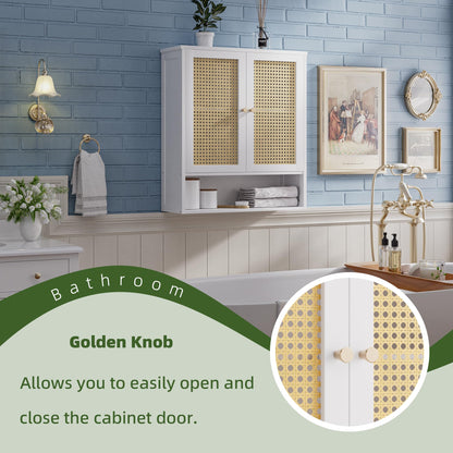 vovala Bathroom Wall Cabinet, Bamboo Over-The-Toilet Storage Organizer with 2 Rattan Doors and Adjustable Shelf