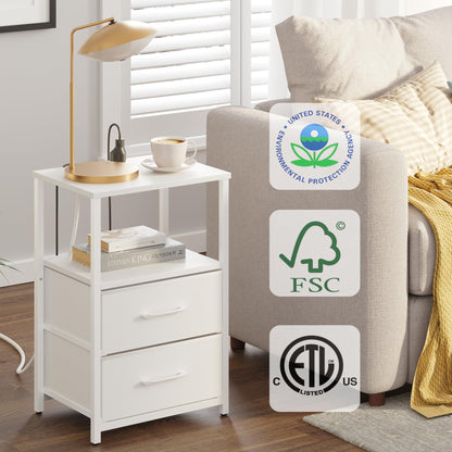 TUTOTAK Bedside Table with Charging Station, Side Table with 2 USB Ports and Outlets, Nightstand with Cloth Drawer, Set of 2, End Table