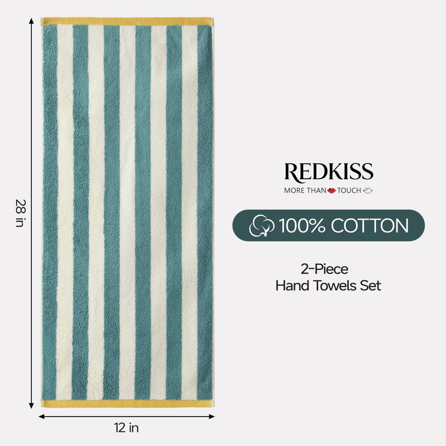 REDKISS 2 Pack Striped Hand Towels for Bathroom - 100% Cotton Decorative Hand Towel Set, 32x72cm, Soft Absorbent and Quick-Dry Towels for Bathroom