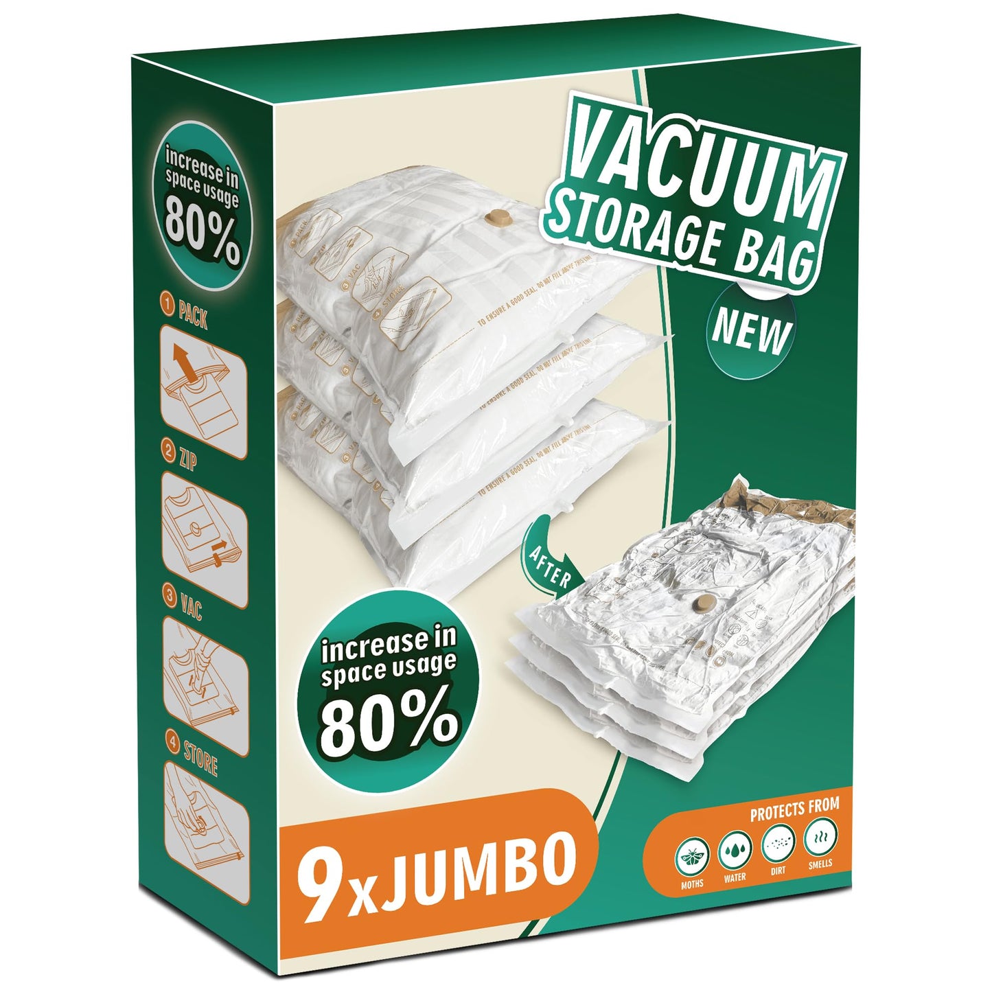 STORAGE MASTER Pack of 9 Jumbo Size Space Saver Bags for Travel and Home Reusable Vacuum Storage Bags Save 80% More Storage Space Work with Vacuum