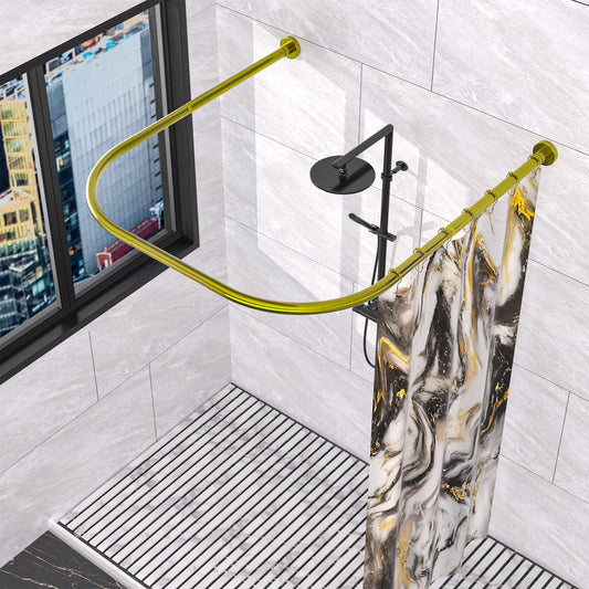 Sikaiqi 304 Stainless U Shaped Bathroom Bathtub Corner Shower Curtain Rod Rack, Size Adjustable (U Shaped Gold, Length on both sides:80-120 cm,Middle