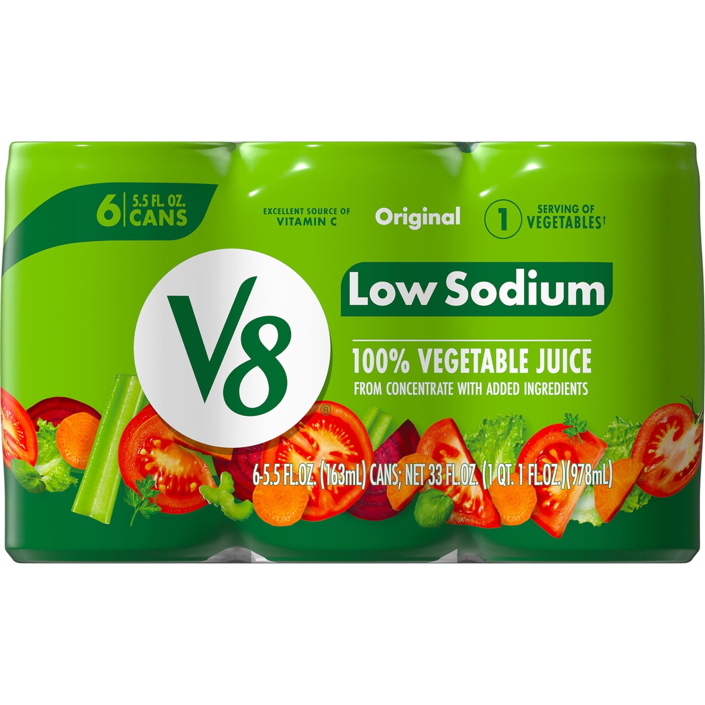 V8 Low Sodium Original 100% Vegetable Juice, 160 ml Can (Pack of 6)