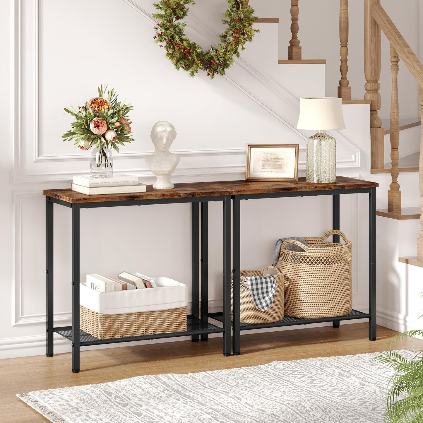 Hoctieon 2 Tier End Table, Sofa Side Table, Narrow Side Table with Storage, Slim Nightstand for Small Spaces, Metal Frame, for Living Room, Bedroom