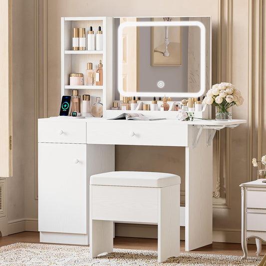 IRONCK Vanity Desk with LED Mirror and Lights, Dressing Table with Charging Station, 2 Drawers & Storage Cabinet, Dimmable Lighting (3 Color