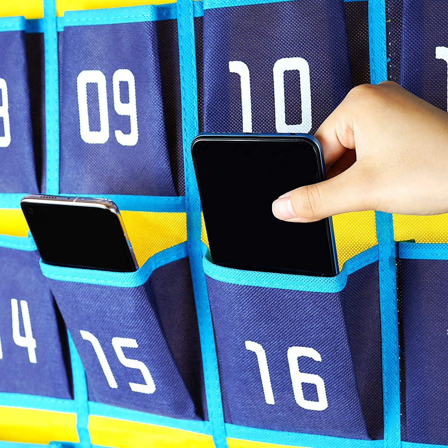 Loghotqqw Numbered Classroom Sundries Closet Pocket Chart for Cell Phones Holder Wall Door Hanging Organizer Blue (36 Pockets with Digital)