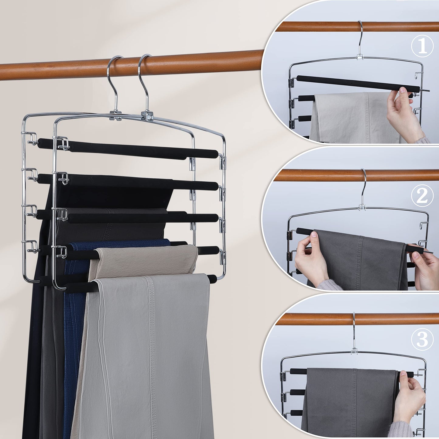 TOPIA HANGER Pants Hangers Space Saving, 3-Pack Swing Arm Pants Organizer for Closet, Non-Slip Foam Padded Organizer Hanger for Multi Slacks, Jeans