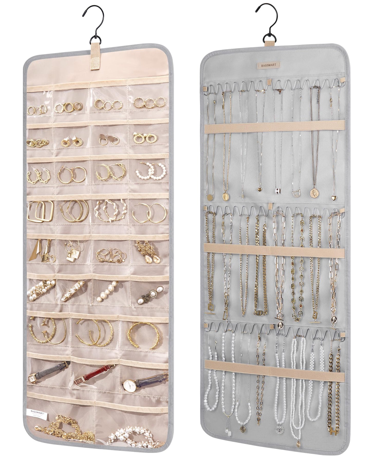bagsmart Dual-sided Jewellry Organizer Hanging with Metal Hooks,40 Pockets and 3 Wave-Shaped Hooks,Jewelry Roll for Earrings,Necklaces,Rings on