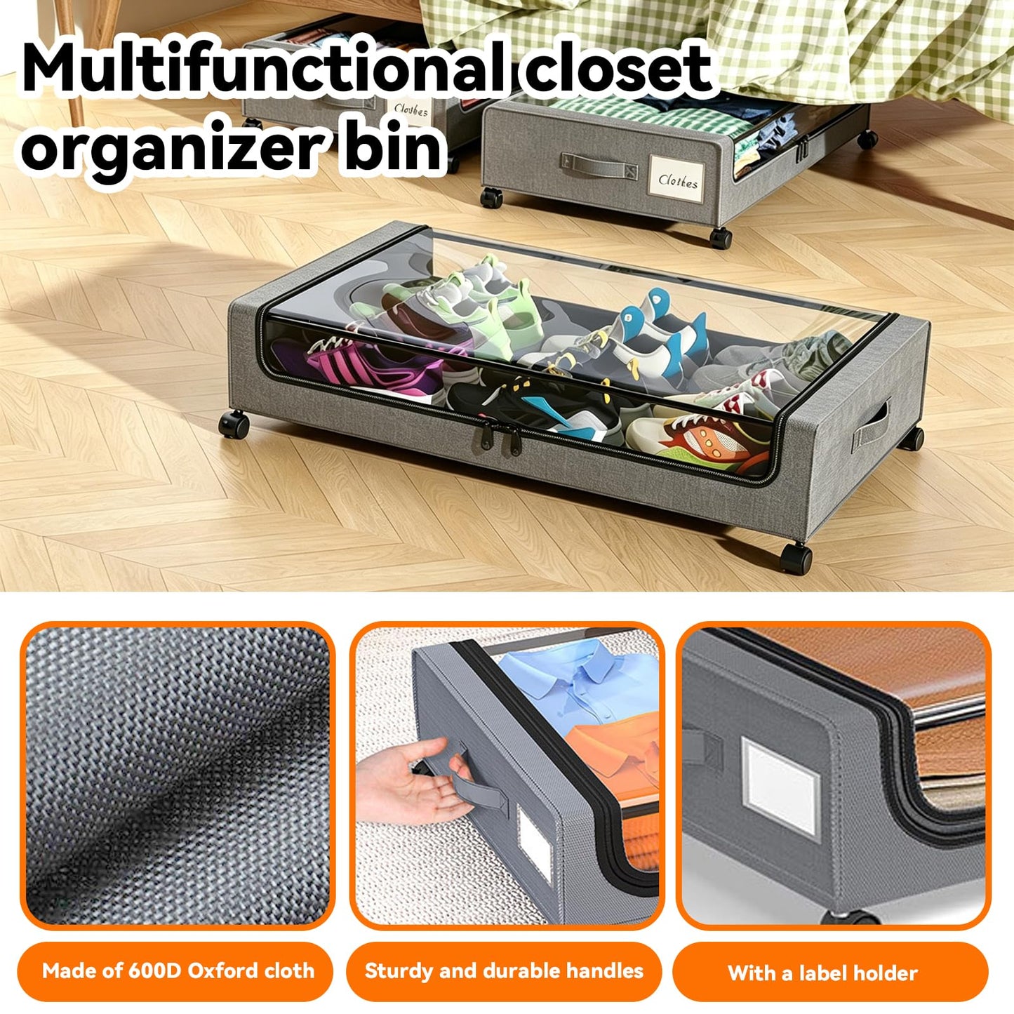 UTJEFVS 2 Pack Under Bed Storage With Wheels, 50L