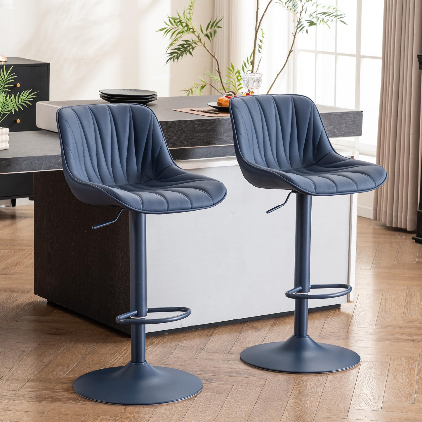 YOUNIKE Bar Stools Set of 2, Modern Upholstered Faux Leather Barstools with Back, Swivel Tall Adjustable Counter Height Bar Chairs, Entirely Navy Blue