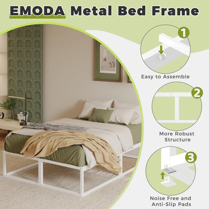 EMODA Metal Bed Frame 36cm High with Steel Slats Support, 160 x 190cm Heavy Duty Bed Frame Solid Platform, Noise Free, Easy Assembly, White