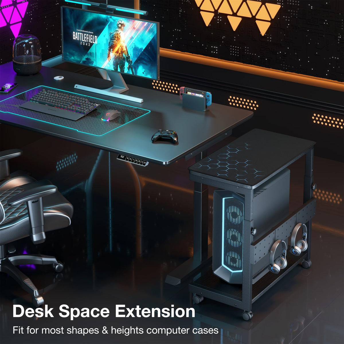 Yornoli PC Stand Height Adjustable Computer Tower Stand with Large Mouse Mat CPU Floor Stand Under Desk with Lockable Castor Wheels Sturdy PC Trolley