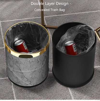 SXYLOB Luxury Metal Waste Bin 10L, Double Layer Trash Can PU Leather Covered Round Wastebasket Dust Bins for Kitchen Bathroom Hotel Office (Grey Hui)