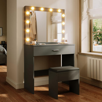 ELEGANT Black Dressing Table Set with Hollywood LED Mirror, 40x80x140cm