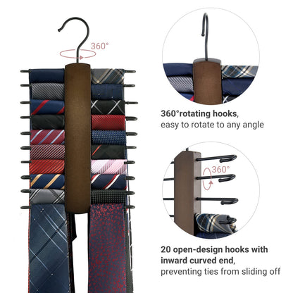 Mkono Wooden Tie Rack Retro Belt Storage Hanger Organizer for Men Closet Space Saving Rack with 20 Non-Slip Hooks for Ties Belt Scarf Organizer 360