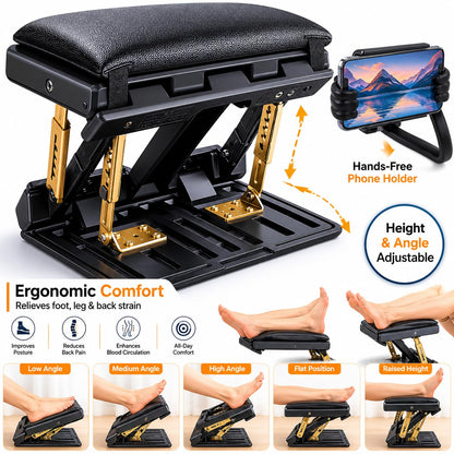 Foot Rest Under Desk with Phone Holder & Soft Pad, 4-Level Adjustable Foot Stool Support 120 lbs, Foldable Foot Stool Under Desk