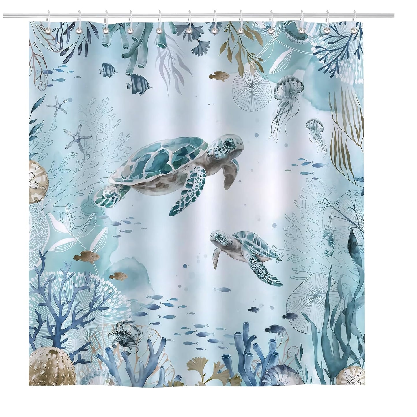 Disnace Shower Curtain Sea Turtle Theme Bath Curtain, Coastal Decor Theme Blue Ocean Beach Scenery Waterproof Shower Curtain, Teal Fabric Bath
