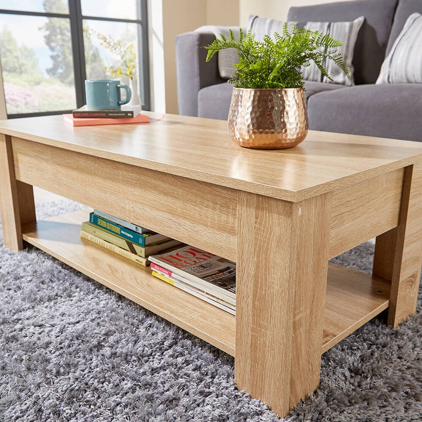 Home Source Coffee Table with Lift Up Top Storage Area and Magazine Shelf, Oak Effect