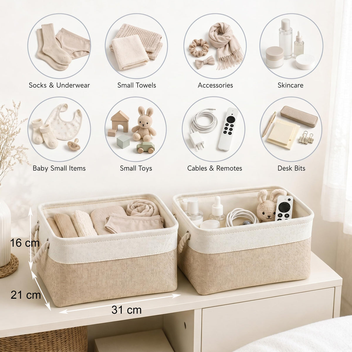 Mangata Storage Boxes, Small Fabric Storage Baskets with Rope Handles for Cupboards, Shelves, Wardrobe, Toys, Clothes (Foldable, Light Khaki White)