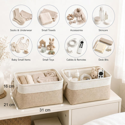 Mangata Storage Boxes, Small Fabric Storage Baskets with Rope Handles for Cupboards, Shelves, Wardrobe, Toys, Clothes (Foldable, Light Khaki White)