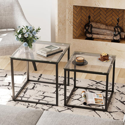 Huhote Nesting Tables, Set of 2 End Table, Coffee Tables, Glass Side Table