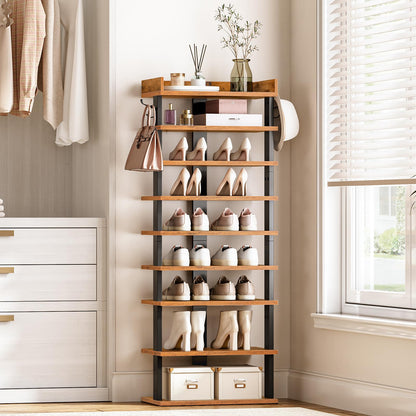 HOOBRO Narrow 9-Tier Tall Shoe Rack, Wooden Storage Organizer With 2 Hooks, Slim Shelf, Vertical Tower for Entrance, Industrial