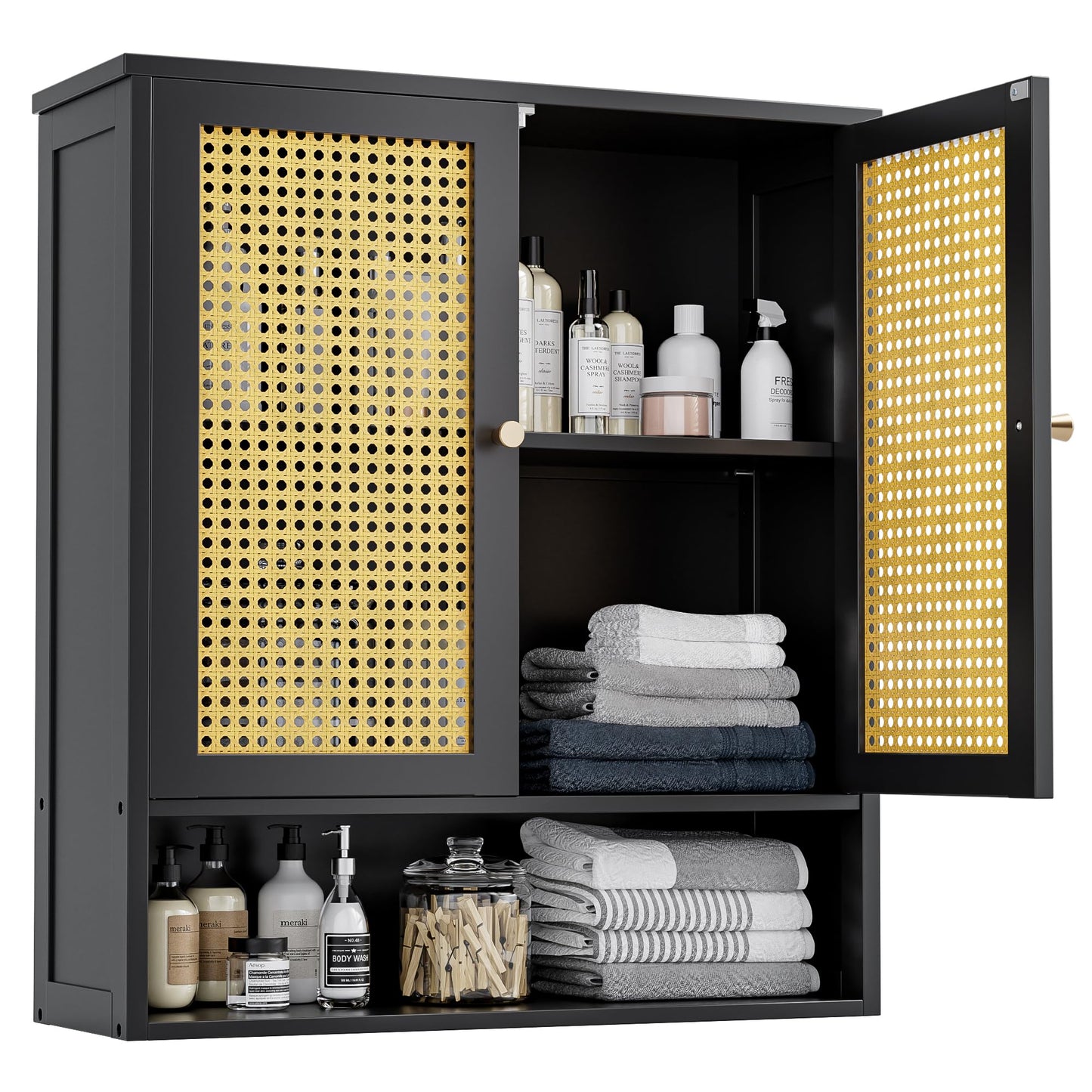 vovala Bathroom Wall Cabinet, Bamboo Over-The-Toilet Storage Organizer with 2 Rattan Doors and Adjustable Shelf
