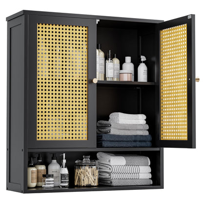 vovala Bathroom Wall Cabinet, Bamboo Over-The-Toilet Storage Organizer with 2 Rattan Doors and Adjustable Shelf