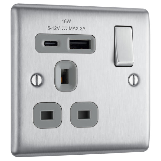 BG Electrical 18W Single Switched Power Plug Wall Socket with Type A USB and Type C USB Charging Ports, Fast Charge, Round Edges, Nexus Metal, Brushed