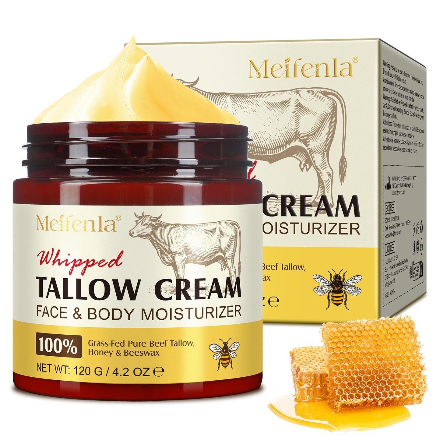 Beef Tallow Skin Care, Honey Beef Tallow Moisturiser Cream, Tallow And Honey Balm, Beef Tallow Cream for Face & Body, Whipped Beef Tallow for Dry Skin