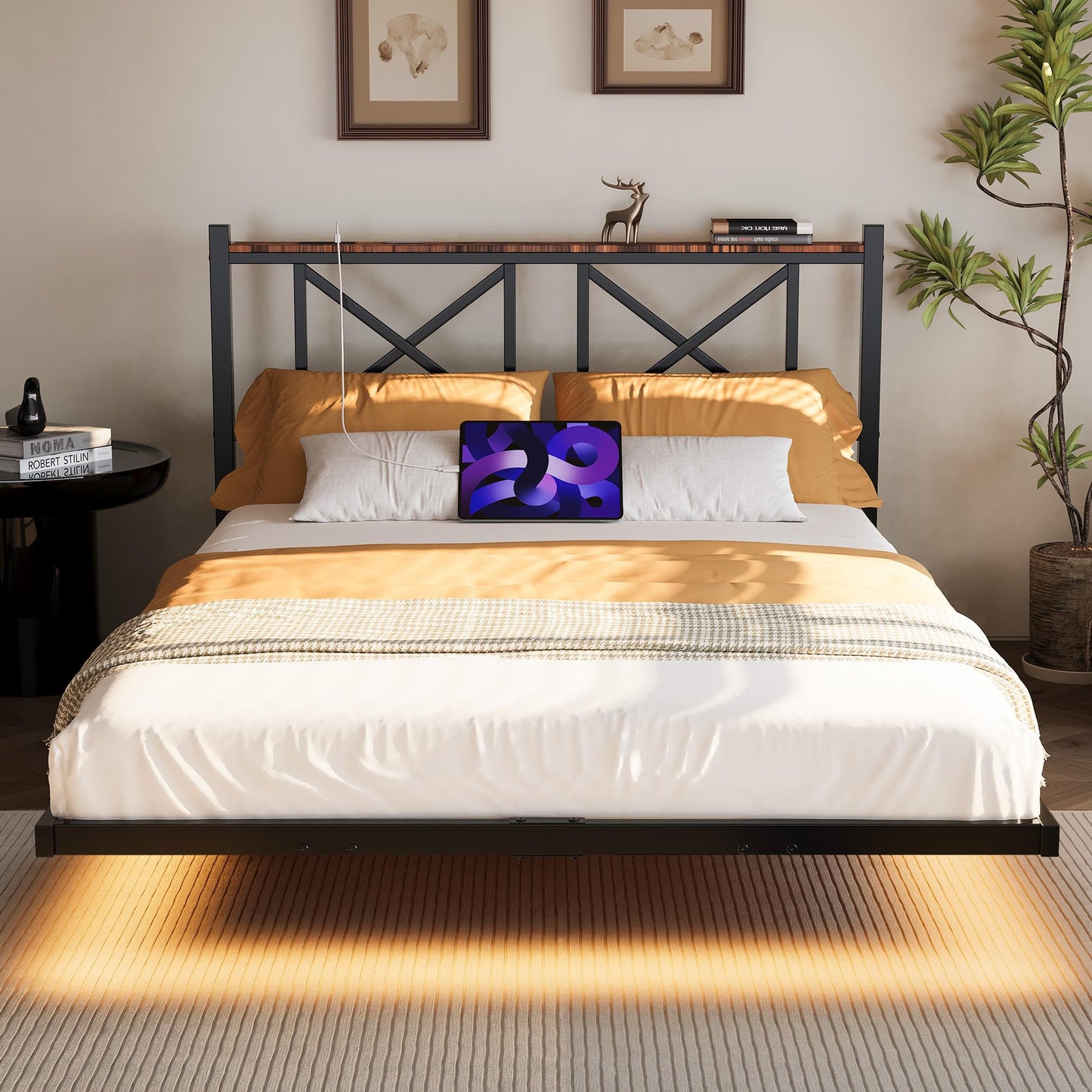 ARFARLY Double Floating Bed Frame with LED Lights and Charging Station, Metal Platform Bed Frame Double with Wooden Storage Headboard Black and Brown