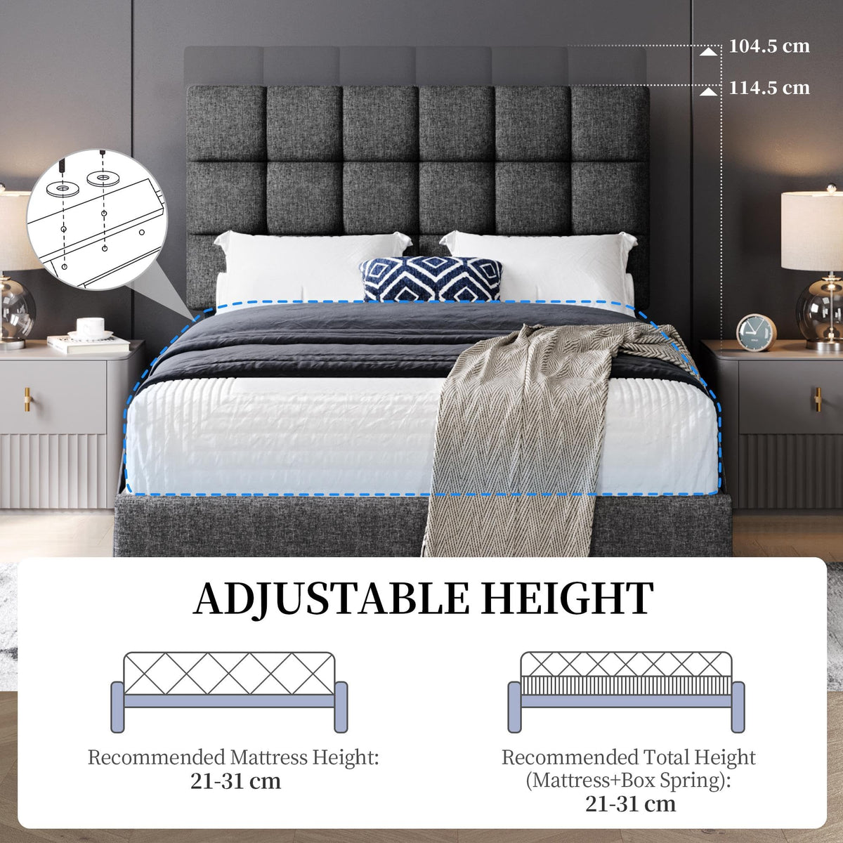 Yaheetech 4ft Small Double Bed Frame, Upholstered Headboard, Dark Gray