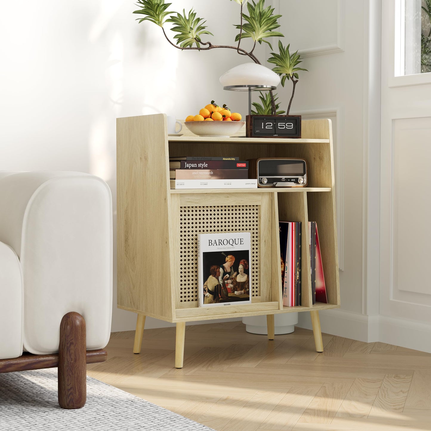 Semiocthome Record Player Stand with Vinyl Storage, Record Player Table with Storage Shelf, Turntable Stand with Rattan Cabinet Door