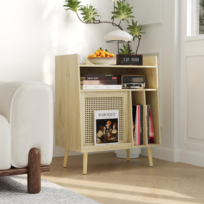 Semiocthome Record Player Stand with Vinyl Storage, Record Player Table with Storage Shelf, Turntable Stand with Rattan Cabinet Door