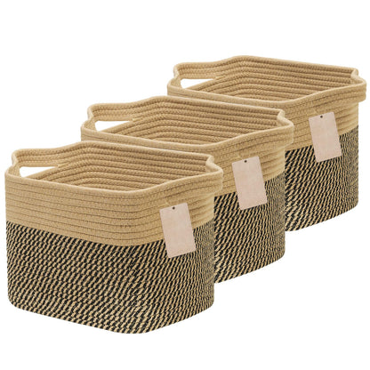 JOJOSEE Small Cotton Woven Storage Basket for Shelves, Black&Brown, 3PCS