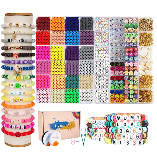 Lynnmos Clay Beads Bracelet Making Kit - 7200 Pcs - Jewellery Making Kit with Flat Round Spacer Heishi Beads - Friendship Bracelet kit for Girls Teens