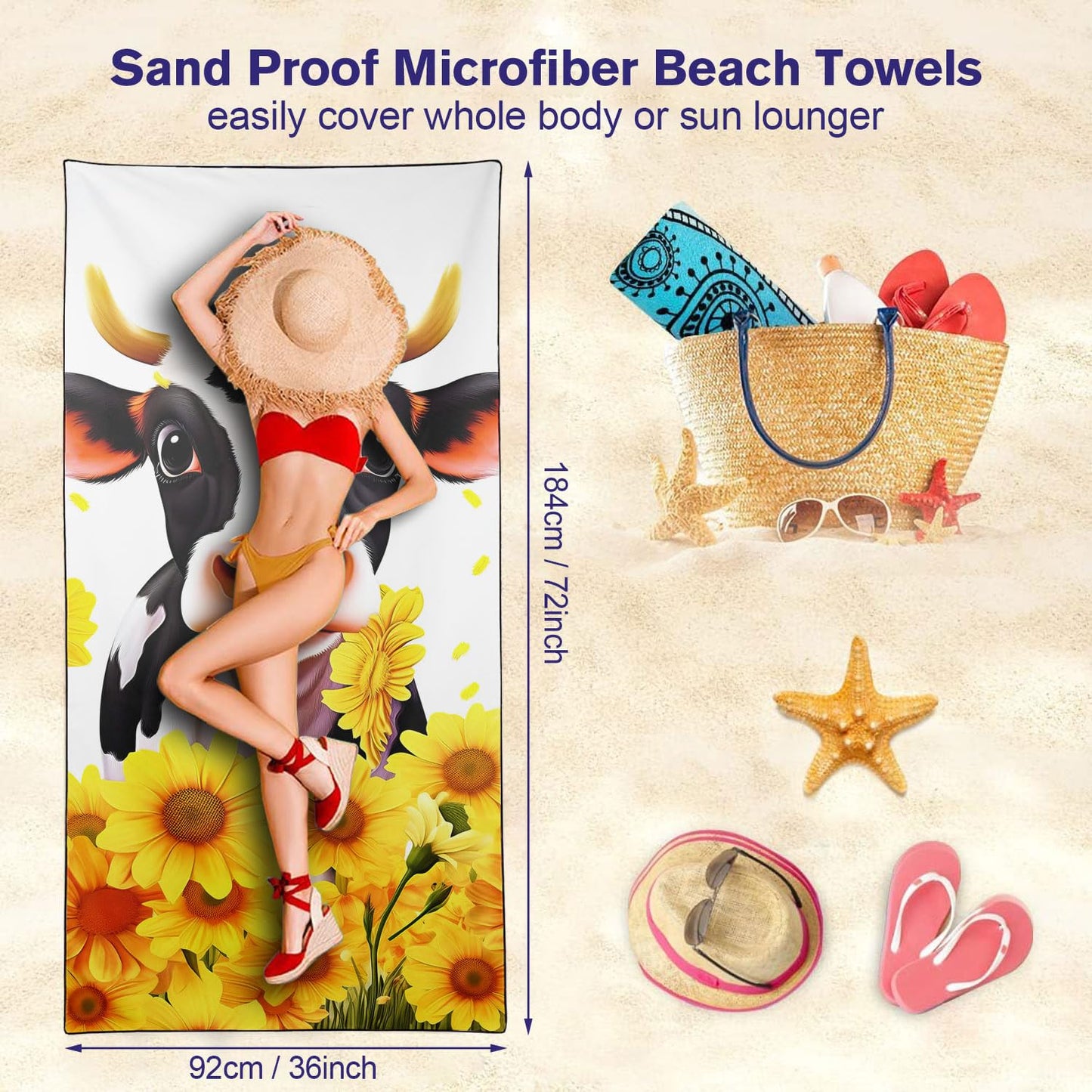 YISUMEI Cow & Sunflowers Beach Towels for Adults Extra Large 180 x 90 cm, Microfibre Quick Dry Towel for Travel Swimming Camping Sports