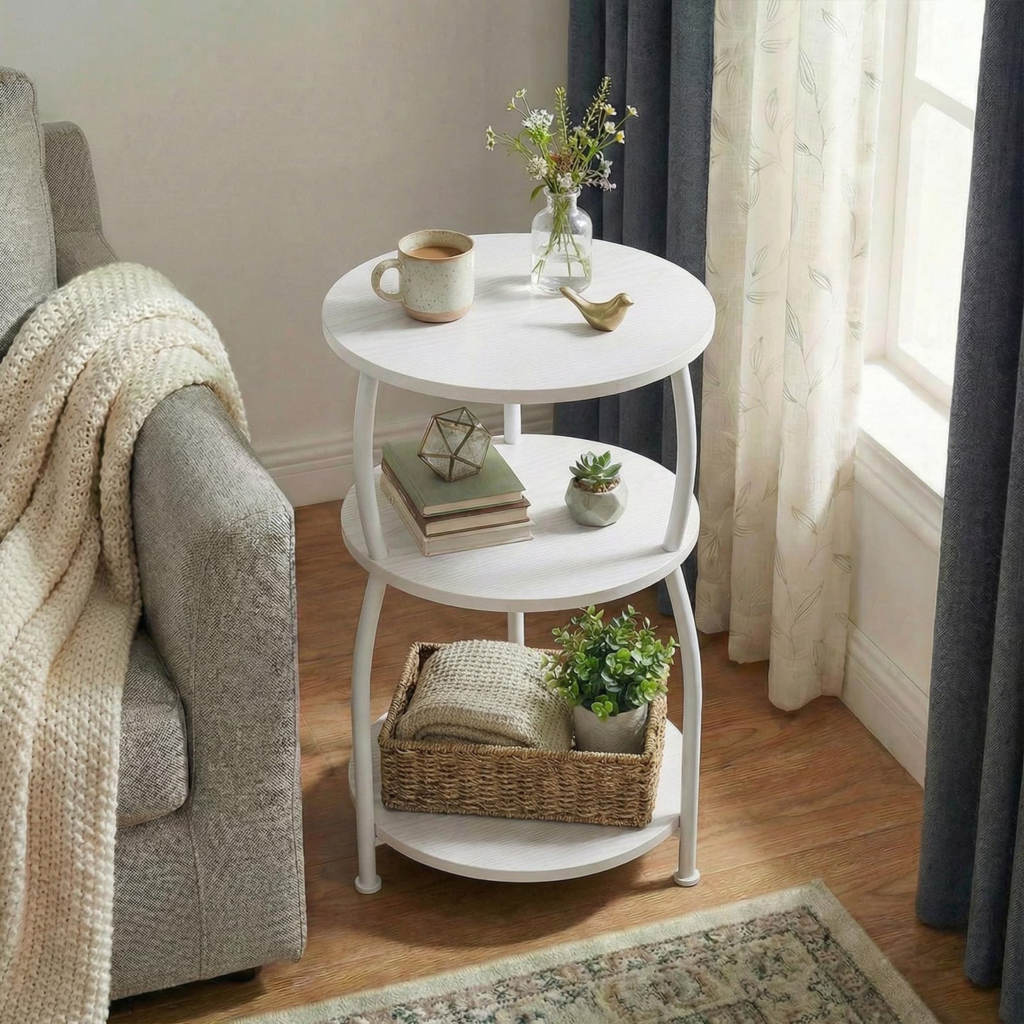 Yuede 3 Tier Side Table, Round Coffee Table, End Table with Storage Shelf, Bedside Table, for Living Room, Bedroom, Metal Frame, 40 x 61 cm, White