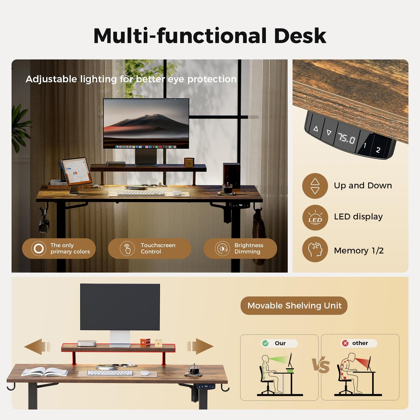 Agilestic Electric Standing Desk, Led & Plug, Movable Monitorstand, 120x60