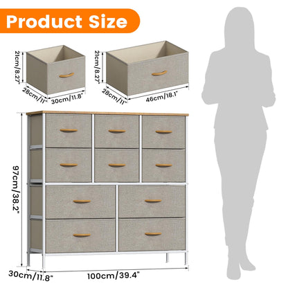 Feonase Chest of Drawers,Bedroom Tall Dresser with 10 Fabric Drawers, Metal Frame & MDF Wood Top, Adjustable Feet, Storage Organizer Unit for Bedroom