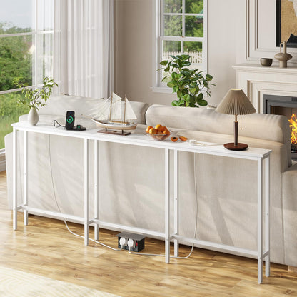 HOOBRO 200 cm Slim Console Table with 2 Charging Stations, Narrow Behind Sofa Table, Long Hallway Table with Adjustable Feet, for Hallway