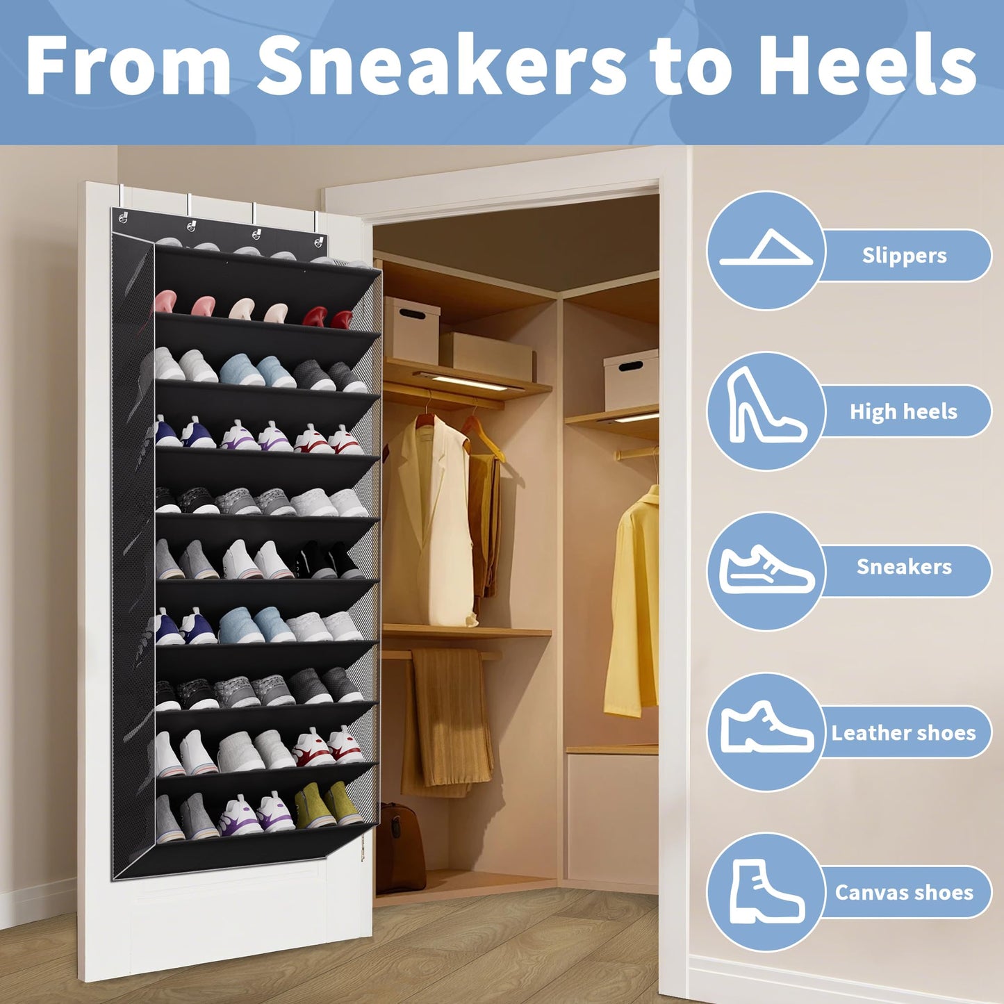 TAHAVICE Holds 30 Pairs Over Door Shoe Storage, 10-Tier Large Capacity Hanging Shoe Rack with Deep Pockets, Space-Saving Door Organiser for Bedroom