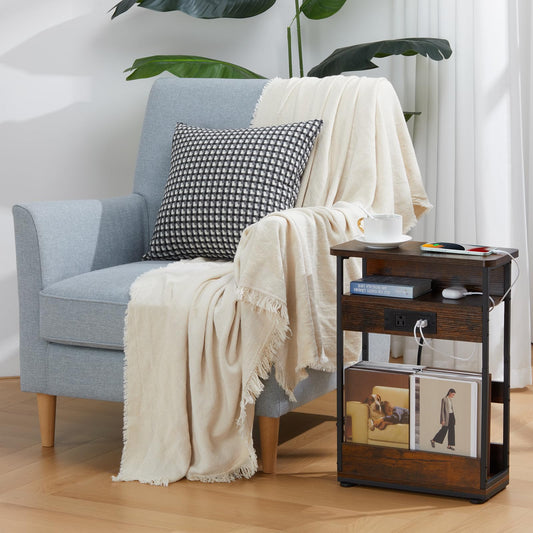 Rustic Brown Narrow Side Table with Charging Station - 3-Tier End Table with 2 USB Ports & Power Outlets, Perfect for Small Spaces
