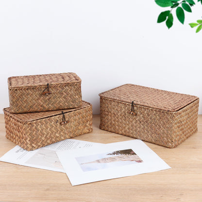 FEIALNDUO Wicker Shelf Baskets with Lid,Seagrass Storage Basket Bins Rectangular Handwoven Basket Boxes for Shelves Desktop Home Organizer