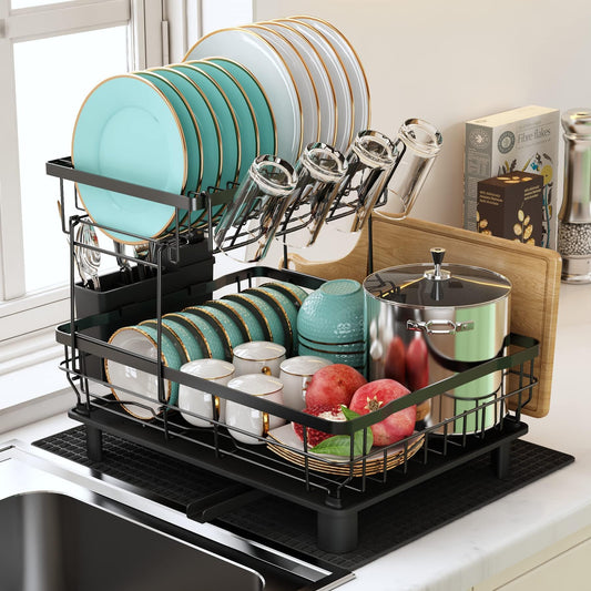 MAJALiS Dish Drainer Rack, 2 Tier Dish Drainer with Drip Tray and Drainer Mat, Stainless Steel Dish Rack with Utensil Holder, Swivel Spout, Draining