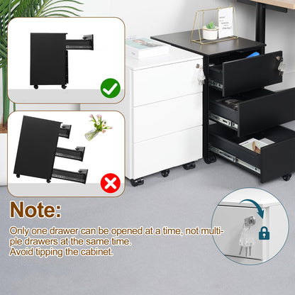 HOMSTEEL Mobile File Ccabinet, Filing Cabinet with 1 Lock, 4 Keys, 3 Drawers, Metal Cabinet, Pre-assembled, for Office, Home Office, Black