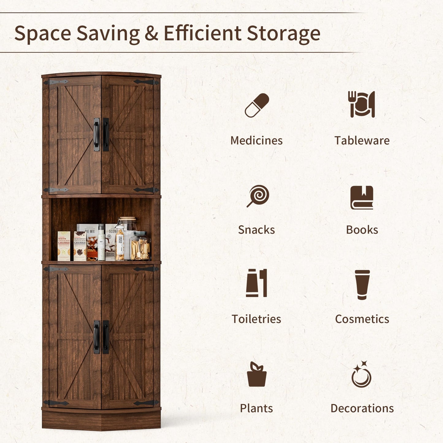 BonVache 165cm Tall Corner Storage Cabinet with Barn Doors, 5-Tier Tall Cupboards Cabinet for Living Room, 4 Wooden Doors and 5 Shelves