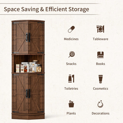 BonVache 165cm Tall Corner Storage Cabinet with Barn Doors, 5-Tier Tall Cupboards Cabinet for Living Room, 4 Wooden Doors and 5 Shelves