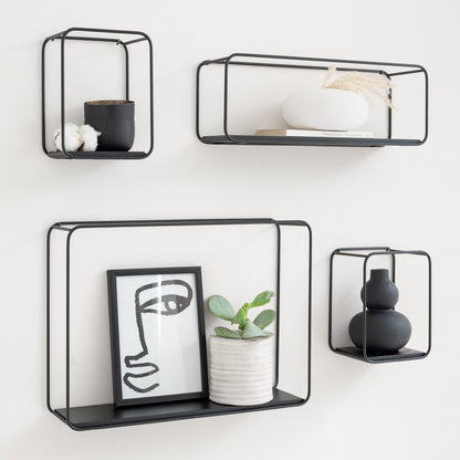 Kazai. Wall Shelves -Jona- | 4-Part Shelving Unit made of Metal and Real Wood Veneer | Wall Decor, Storage and Book Shelf for Bathroom, Living Room