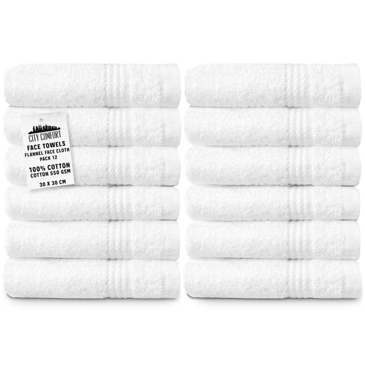 CityComfort Flannels Pack of 12 Face Towels 100% Cotton 550 GSM 30x30cm Highly Absorbent Soft Wash Cloth Household Essentials (White - 12 Pack)