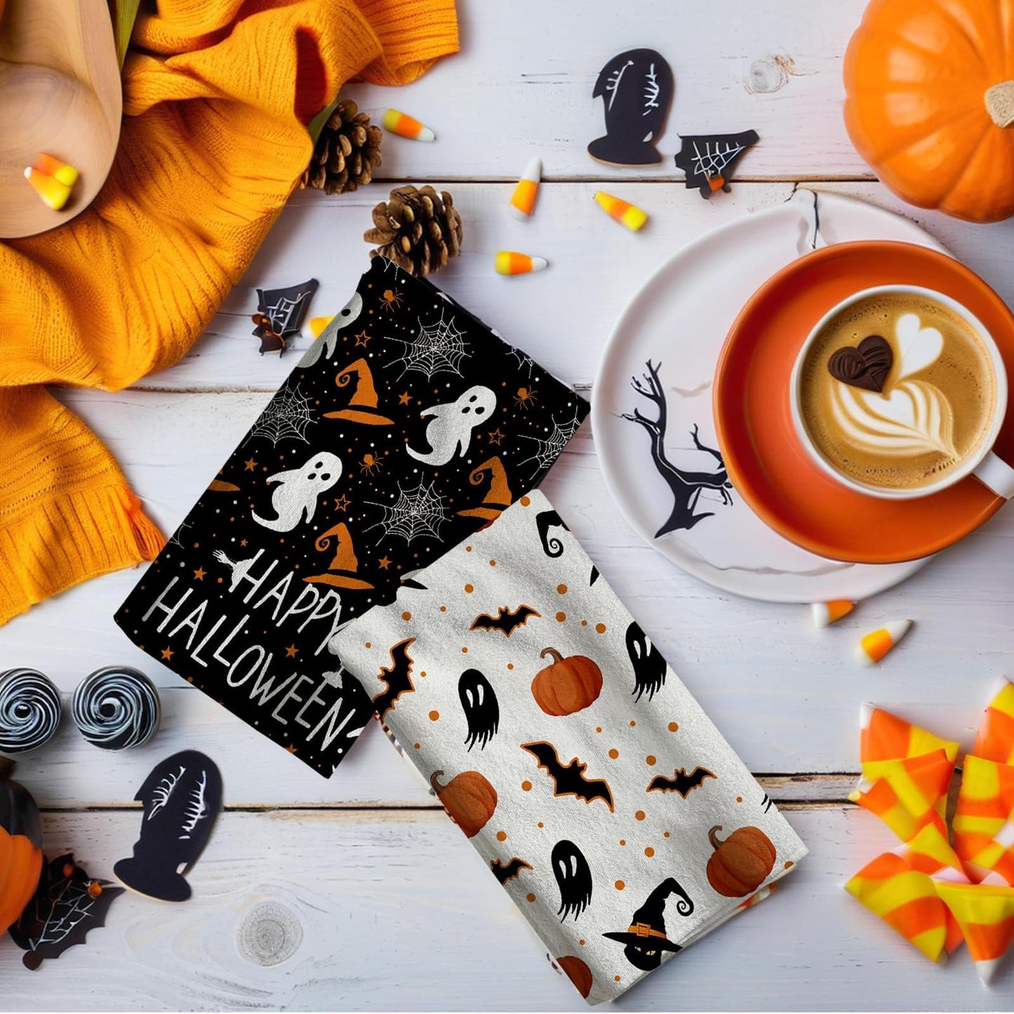 HINGTAI 2Pcs Towel Halloween Scary Ghost Pumpkin Hand Towel Drying Cloth for Kitchen Home, Living Room Dining Room Table Decor 18x26 Inch